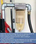 Installed fuel tank filter assembly with wrench, showing transparent bowl, 1 in NPT top cap, and metal connections.