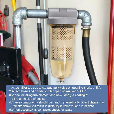 Installed fuel tank filter assembly with wrench, showing transparent bowl, 1 in NPT top cap, and metal connections.