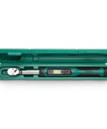 Three-Eighths Inch Drive Electric Torque Wrench with case, 72-tooth ratchet visible, calibrated for precision, SAE and metric use