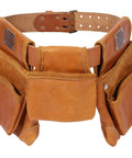 Heavy Duty Handcrafted Leather Handyman Tool Belt With Thick Two Inch Waist Strap And Full Grain Cowhide Pouches viewed from the back.