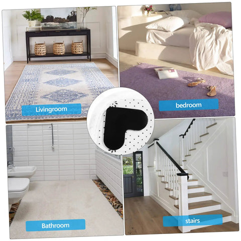 4 Pack Heart Shape Non Slip Rug Pads For Hardwood Floors And Tiles, showing use in living room, bedroom, bathroom, and stairs.