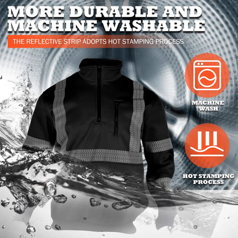 High Visibility Fleece Hoodie For Men With 360 Reflective Strips ANSI Class 3 Type R Safety Sweatshirt Yellow With Black Bottom.