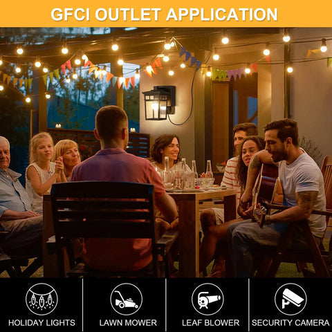 Outdoor gathering scene with Porch Light With Built In GFCI Outlet Dusk To Dawn Exterior Wall Mount Fixture illuminating a group