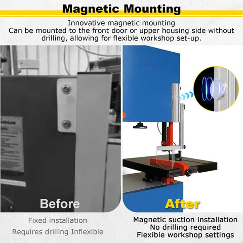 Vertical Band Saw Guard Aluminum Alloy No Drilling Required Universal Safety Shield demo of magnetic mounting feature.