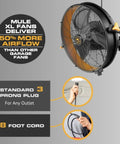 18-Inch Garage Wall Mount Fan With Beast-Mode 5400 CFM Wet-Rated Airflow, shown with standard plug and 8-foot cord
