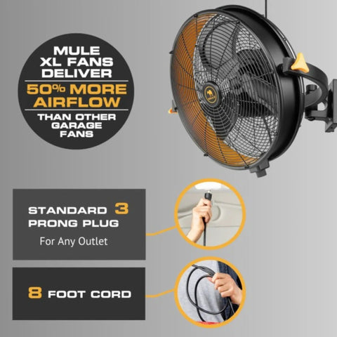 18-Inch Garage Wall Mount Fan With Beast-Mode 5400 CFM Wet-Rated Airflow, shown with standard plug and 8-foot cord
