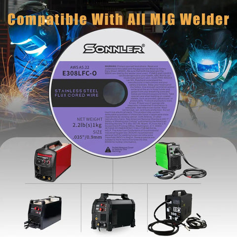 Stainless Flux Core Welding Wire 0.035 Inch 0.9mm No Gas Needed Low Splatter MIG Wire 2 Lb Spool displayed with MIG welders