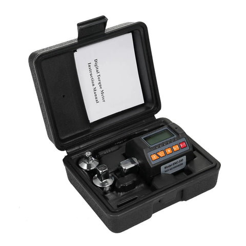 Pro Grade Digital Torque Wrench With Backlit Display And Half Inch Drive Includes Three Eighths Inch And Quarter Inch Adapters Sound And Light Alarm High Accuracy Real Time Ft Lb And Nm Readouts Four Torque Units For Automotive And Industrial Use, open case with digital torque meter and adapters
