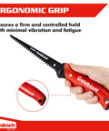 Goldblatt drywall saw with red soft-grip handle and 6-inch bi-metal blade for sheetrock cutting, front view