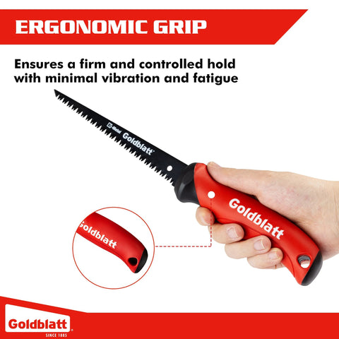 Goldblatt drywall saw with red soft-grip handle and 6-inch bi-metal blade for sheetrock cutting, front view