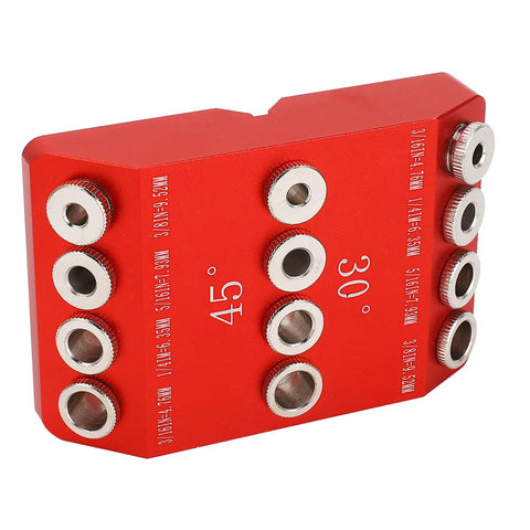 Premium Pocket Hole Jig With 30 Degree And 45 Degree Drill Guide for slick woodworking projects, red aluminum locator fixture.