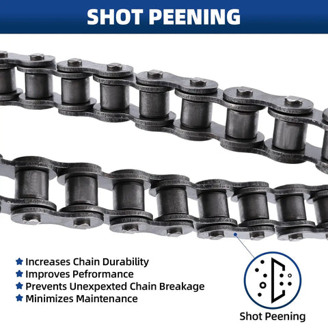 Beefed-Up Size 50 Roller Chain For Heavy Duty Machinery, 10 Foot Length, focus on shot peening benefits, carbon steel construction
