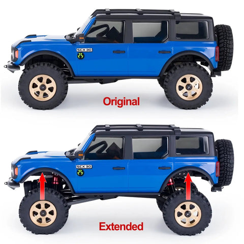 Blue RC SCX30 crawler with Aluminum 28.5mm Shock Absorbers For 1 To 30 Axial RC SCX30 Crawler Upgrade Parts Titanium Extended Travel