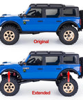 Before and after effects of Dry Maintenance Free 28.5mm Aluminum RC Shocks on 1/30 Axial SCX30 Ford Bronco shown with vehicle lift.