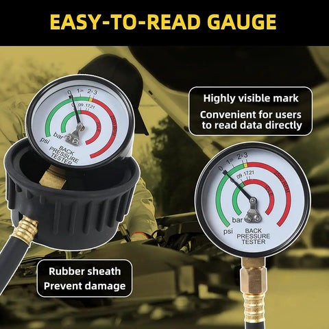 Pro Grade Exhaust Back Pressure Tester Kit With 6 Foot Hose, Professional Car Exhaust Back Pressure Gauge, Adapter And Hose Clamp, Includes Durable Carton Packaging, easy-read gauge with rubber sheath
