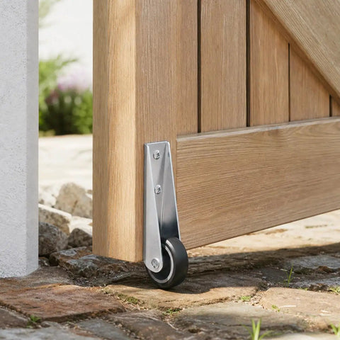 Heavy Duty Gate Caster Wheels With Rubber Pulley Track Rollers For Sinking Wood Fences And Garden Doors Galvanized Steel Bracket close-up on gate.