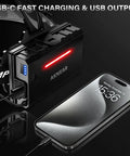 Rechargeable LED Headlamp With Zoomable Beam, 99000 Lumens, 12 Modes showing USB-C fast charging connected to phone