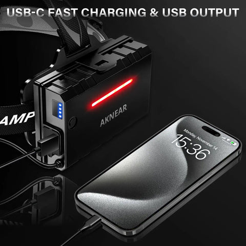 Rechargeable LED Headlamp With Zoomable Beam, 99000 Lumens, 12 Modes showing USB-C fast charging connected to phone
