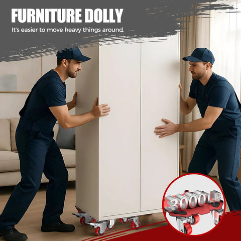 Two men using a Heavy Duty Furniture Dolly Featuring Smooth Gliding Wheels And Reinforced Carbon Steel Frame to move a cabinet.