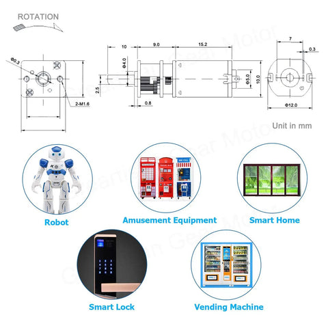 Diagram of Beefy 12V DC 1000RPM N20 High Torque Speed Reduction Motor With Metal Gearbox and usage scenarios in robotics and vending.