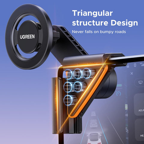 Tesla Model 3 And Y MagSafe Car Mount With Ultra Strong Magnetic Hold For iPhone 17 16 15 14 13 Pro Max Compatible Center Console Phone Holder With A Rock Solid Grip And Easy Install On The Corner Of Your Screen with triangular structure design showing stability on bumpy roads.