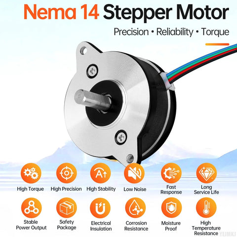 Nema 14 round stepper motor with silver front plate, black housing, 4-wire cable and protruding shaft