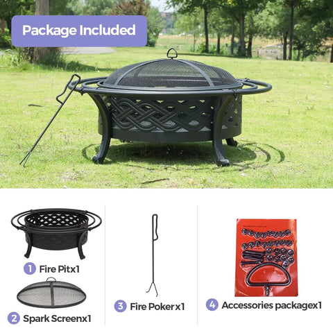 36 Inch Round Outdoor Fire Pit With Crossweave Design In Black Iron For Patio Backyard Garden And Camping Includes Spark Screen And Fire Poker