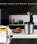 WiFi Sous Vide Cooker ISV100W With 1000W Immersion Circulator App Control next to cooked meat, phone showing app features in kitchen.
