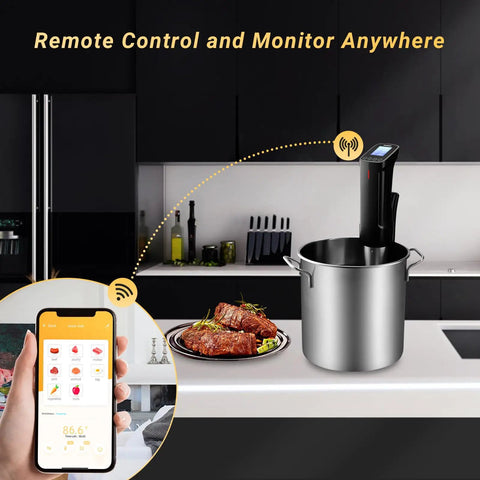 WiFi Sous Vide Cooker ISV100W With 1000W Immersion Circulator App Control next to cooked meat, phone showing app features in kitchen.