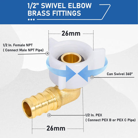 Half Inch PEX Swivel Elbow Fitting NPT Female Threaded Brass Crimp NPSM 90 Degree Adapter For RV PEX Faucet Connector Built Tough Lead Free DZR Brass NSF ANSI 61 Certified Quality, 1/2 in fitting
