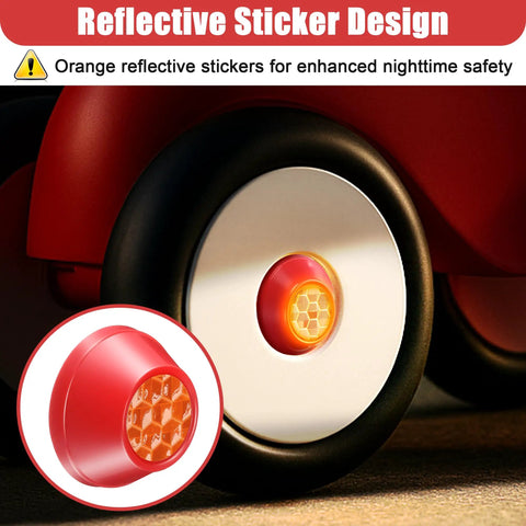 Close-up of Two Pack Red Hub Cap Replacements With Reflective Sticker For Red Wagons And Scooters Fits Three Eighths Inch Axle Diameter