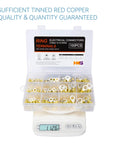 Heat Shrink Ring Terminal Kit 100 Pcs Yellow 12 To 10 AWG Waterproof With Tinned Copper Barrels in open display case on scale