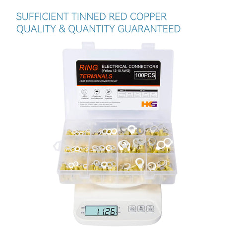 Heat Shrink Ring Terminal Kit 100 Pcs Yellow 12 To 10 AWG Waterproof With Tinned Copper Barrels in open display case on scale