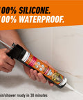 Applying 100 Percent Waterproof Silicone Caulk For Kitchen And Bath Sealant Mold Resistant White 10 Oz Cartridge to shower tiles.