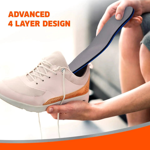 Person inserting Ultra Durable Cushion Insoles For Odor Control And All Day Comfort into a shoe, showing advanced 4-layer design.