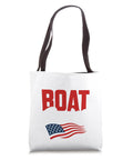 White tote bag with 'BOAT' text and flag, Gear Up For Dragon Boat Crew Days With This Tough Tote Bag, 16 inch square.