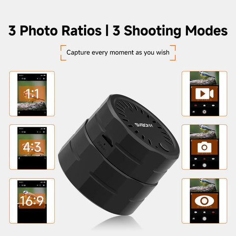 SC002 Wireless Electronic Eyepiece For 37mm To 56mm Scopes, WiFi Digiscoping Camera showing photo ratios and shooting modes