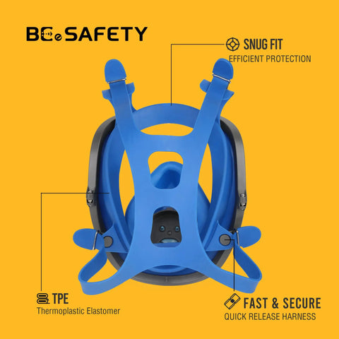 Rear view of RF-610 Full Face Respirator Mask With Organic Vapor Filters And P2 Dust Filters, featuring TPE harness for secure fit.