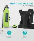 Mini Scuba Tank 1.9L Portable Lung Tank For Adult Divers with vest, 360 swivel valve, extended gauge, lightweight design