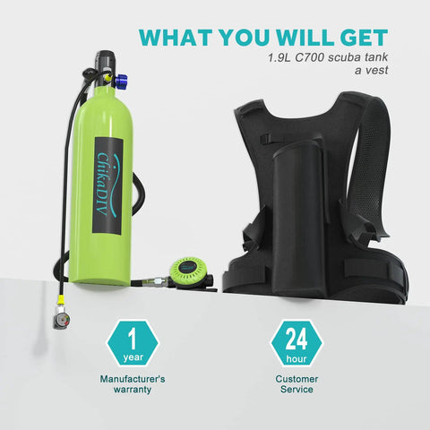 Mini Scuba Tank 1.9L Portable Lung Tank For Adult Divers with vest, 360 swivel valve, extended gauge, lightweight design