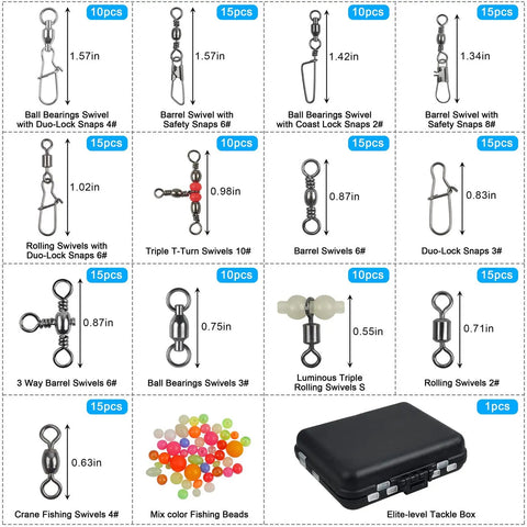 Ultimate Fishing Swivels Kit With Ball Bearing And Rolling Barrel Swivels, Crossline Three Way Swivels, Duo Lock And Coast Lock Snaps, Crane Barrel Options, Pro Grade High Strength Connectors For Bass, Trout, Saltwater And Freshwater, 170 pcs