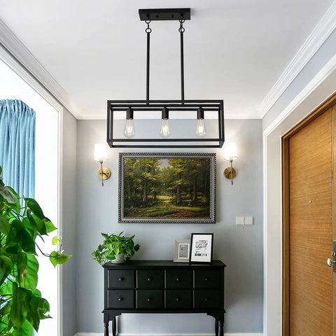 Interior with Black Industrial Kitchen Island Light With 3 Light Linear Cage Chandelier above table and decor.