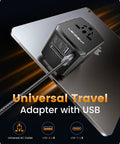 Universal Travel Power Adapter With 2 USB C Ports And 2 USB A Ports Worldwide Wall Charger resting on tablet