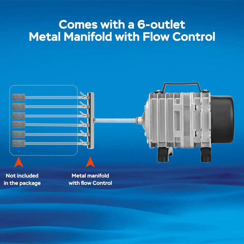 Heavy Duty Commercial Aquarium Air Pump Featuring Cast Aluminum Housing For Fish Tank Bubbler And Pond Aerator 18 Watt 600 Gph with metal manifold.