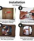 Installation steps for Top Tier 6.5 By 8 Inch Magnetic Wall Access Panel, showcasing cutting, adjusting, and securing process.