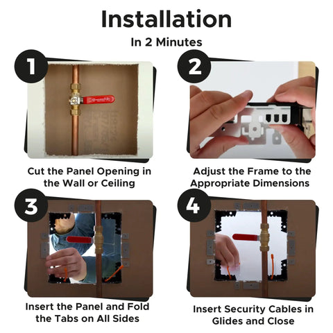 Installation steps for Top Tier 6.5 By 8 Inch Magnetic Wall Access Panel, showcasing cutting, adjusting, and securing process.