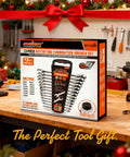 Heavy Duty 13 Piece Metric Ratchet Wrench Set With 72 Tooth Gear And 5 Degree Swing For Tight Spots Chrome Vanadium Steel Construction Wrenches From 6mm To 19mm Includes Handy Storage Rack, boxed set on workbench