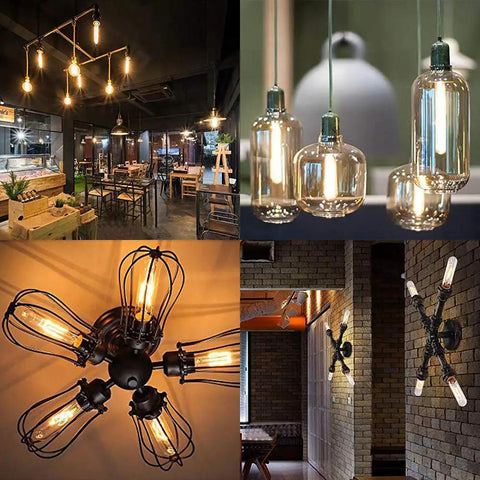 Various lighting fixtures using dimmable 6W tubular LED bulbs 60W equivalent, 2700K warm white, in decorative settings.
