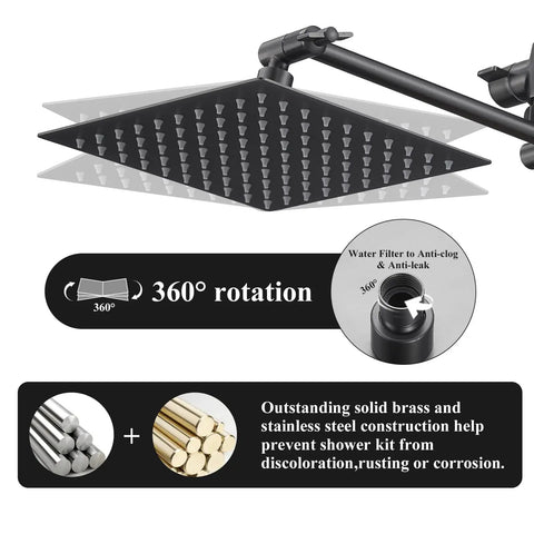 All Metal Matte Black Dual Showerhead System With Rainfall Head And Handheld, Pressure Balance Rough-In Valve Included, 10-Inch Square Rain Shower Kit showing 360-degree rotation feature.