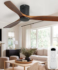 52 Inch Solid Wood Ceiling Fan With Remote Control No Light Flush Mount Wood Blades Whisper Quiet DC Motor For Bedroom